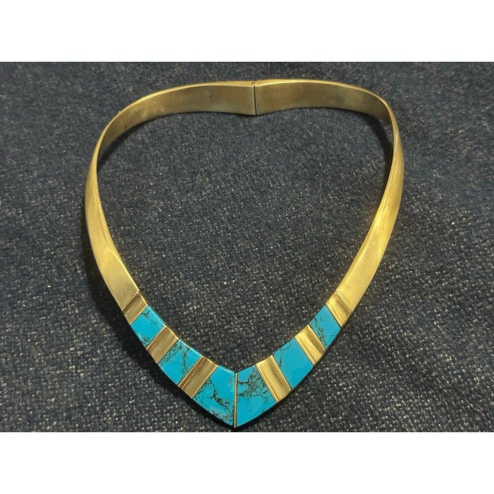 Vintage 124g 925 Taxco Turquoise Inlay Torque Statement Piece Collar